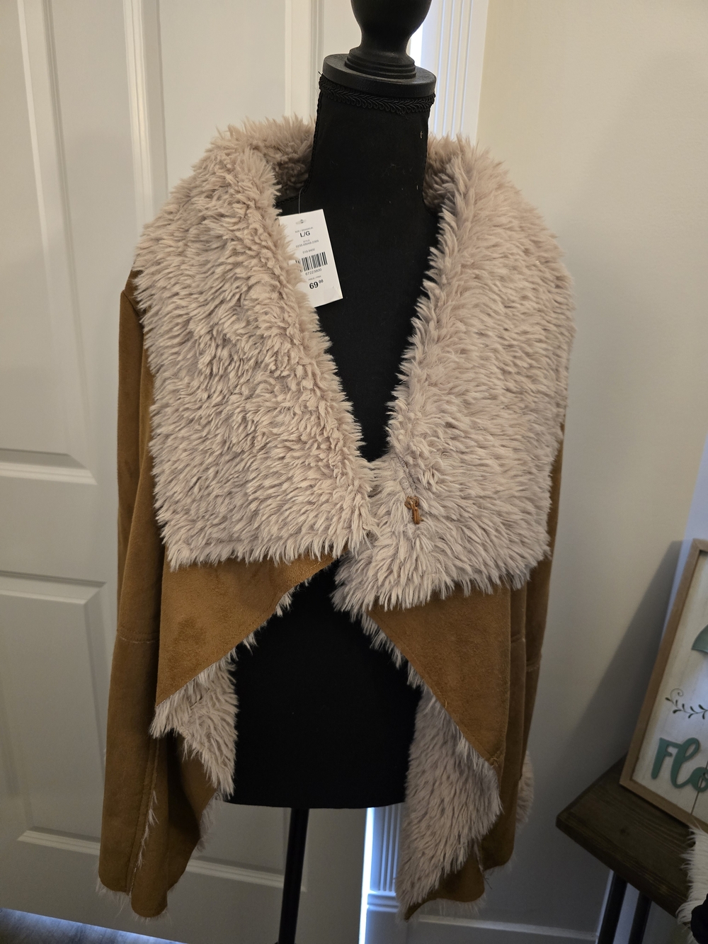 Suzy Shier Camel Suede-Look Bohemian-inspired with Cream Faux Fur Jacket.